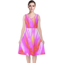 Fiery Hot Pink And Yellow Cactus Dahlia Flower V-neck Midi Sleeveless Dress  by myrubiogarden