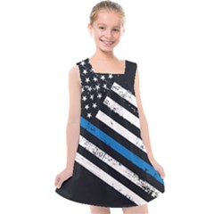 Usa Flag The Thin Blue Line I Back The Blue Usa Flag Grunge On Black Background Kids  Cross Back Dress by snek