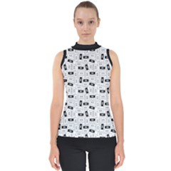 Tape Cassette 80s Retro Genx Pattern Black And White Mock Neck Shell Top by genx