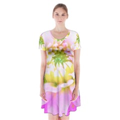 Pretty Pink, White And Yellow Cactus Dahlia Macro Short Sleeve V-neck Flare Dress by myrubiogarden