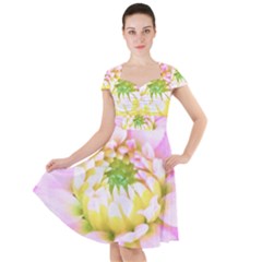 Pretty Pink, White And Yellow Cactus Dahlia Macro Cap Sleeve Midi Dress by myrubiogarden