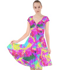 Psychedelic Succulent Sedum Turquoise And Yellow Cap Sleeve Front Wrap Midi Dress by myrubiogarden