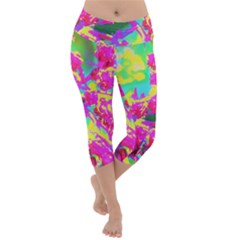 Psychedelic Succulent Sedum Turquoise And Yellow Lightweight Velour Capri Yoga Leggings by myrubiogarden