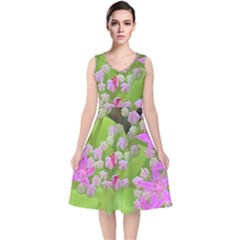 Hot Pink Succulent Sedum With Fleshy Green Leaves V-neck Midi Sleeveless Dress  by myrubiogarden