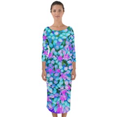 Blue And Hot Pink Succulent Sedum Flowers Detail Quarter Sleeve Midi Bodycon Dress by myrubiogarden