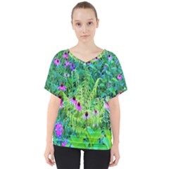 Purple Coneflower Garden With Tiger Eye Tree V-neck Dolman Drape Top by myrubiogarden