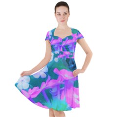 Pink, Green, Blue And White Garden Phlox Flowers Cap Sleeve Midi Dress by myrubiogarden