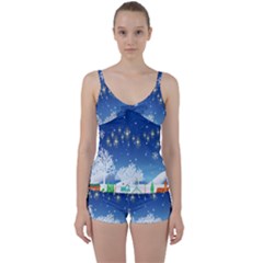 Snowflakes Snowy Landscape Reindeer Tie Front Two Piece Tankini by Wegoenart