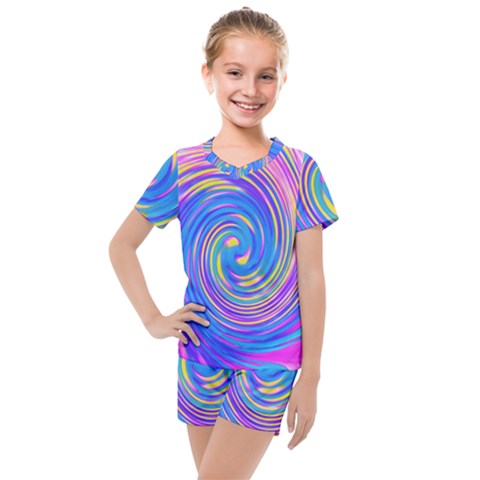 Cool Abstract Pink Blue And Yellow Twirl Liquid Art Kids  Mesh Tee And Shorts Set by myrubiogarden