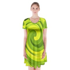 Groovy Abstract Green Liquid Art Swirl Painting Short Sleeve V-neck Flare Dress by myrubiogarden