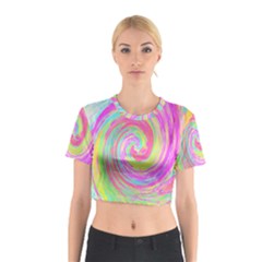 Groovy Abstract Pink And Blue Liquid Swirl Painting Cotton Crop Top by myrubiogarden