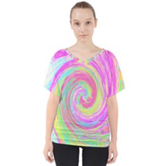 Groovy Abstract Pink And Blue Liquid Swirl Painting V-neck Dolman Drape Top by myrubiogarden