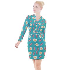 Bacon And Egg Pop Art Pattern Button Long Sleeve Dress by Valentinaart