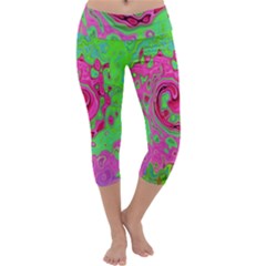 Groovy Abstract Green And Red Lava Liquid Swirl Capri Yoga Leggings by myrubiogarden