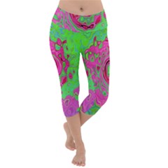 Groovy Abstract Green And Red Lava Liquid Swirl Lightweight Velour Capri Yoga Leggings by myrubiogarden
