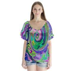 Groovy Abstract Aqua And Navy Lava Liquid Swirl V-neck Flutter Sleeve Top by myrubiogarden