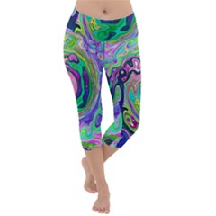Groovy Abstract Aqua And Navy Lava Liquid Swirl Lightweight Velour Capri Yoga Leggings by myrubiogarden