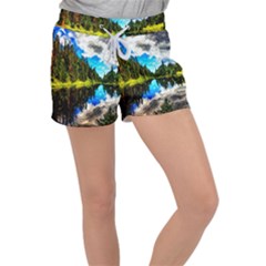 Color Lake Mountain Painting Women s Velour Lounge Shorts by Pakrebo