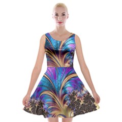 Fractal Feather Swirl Purple Blue Velvet Skater Dress by Pakrebo