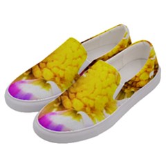 Purple, Pink And White Dahlia With A Bright Yellow Center Men s Canvas Slip Ons by myrubiogarden
