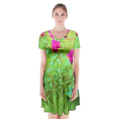 Impressionistic Purple Peonies With Green Hostas Short Sleeve V-neck Flare Dress by myrubiogarden