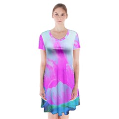 Abstract Pink Hibiscus Bloom With Flower Power Short Sleeve V-neck Flare Dress by myrubiogarden
