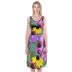 Yellow Flowers In The Purple Coneflower Garden Midi Sleeveless Dress by myrubiogarden