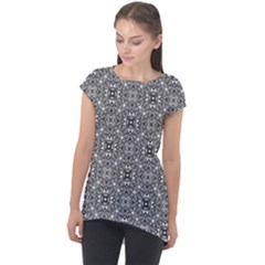 Black White Geometric Background Cap Sleeve High Low Top by Pakrebo
