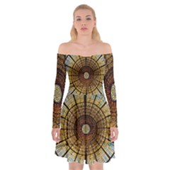 Barcelona Glass Window Stained Glass Off Shoulder Skater Dress by Pakrebo