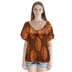 Pattern Leaf Plant V-neck Flutter Sleeve Top by Mariart
