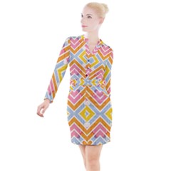 Line Pattern Cross Print Repeat Button Long Sleeve Dress by Pakrebo