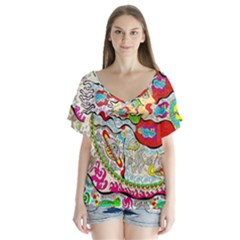 Supersonic Pyramid Protector Angels V-neck Flutter Sleeve Top by chellerayartisans