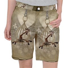 Funny Giraffe With Herats And Butterflies Pocket Shorts by FantasyWorld7