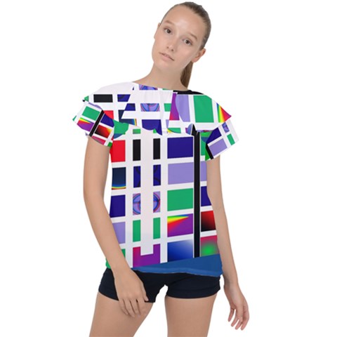 Color Graffiti Pattern Geometric Ruffle Collar Chiffon Blouse by Pakrebo