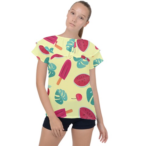 Watermelon Leaves Strawberry Ruffle Collar Chiffon Blouse by Pakrebo