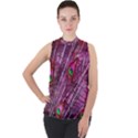 Red Peacock Feathers Color Plumage Mock Neck Chiffon Sleeveless Top View1