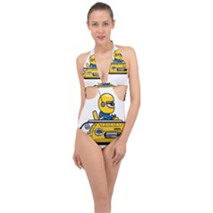 Cartoon Space Racer Galaxy Science Halter Front Plunge Swimsuit by Wegoenart