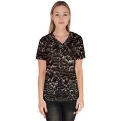 Black And White Grunge Cracked Abstract Print Women s V-neck Scrub Top by dflcprintsclothing