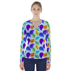 Colorful Leaves Blue V-neck Long Sleeve Top by snowwhitegirl