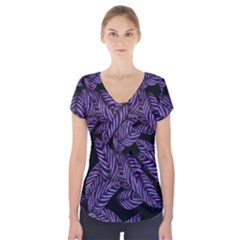 Tropical Leaves Purple Short Sleeve Front Detail Top by snowwhitegirl