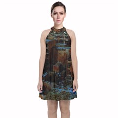 Building Ruins Old Industry Velvet Halter Neckline Dress  by Pakrebo