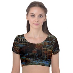 Building Ruins Old Industry Velvet Short Sleeve Crop Top  by Pakrebo
