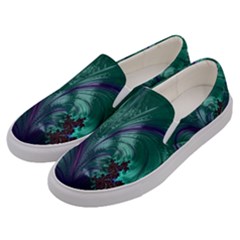 Fractal Turquoise Feather Swirl Men s Canvas Slip Ons by Sudhe