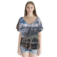 Architecture Big Ben Bridge Buildings V-neck Flutter Sleeve Top by Sudhe