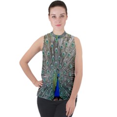 Peacock Bird Animal Feather Mock Neck Chiffon Sleeveless Top by Pakrebo