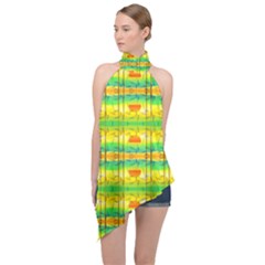 Birds Beach Sun Abstract Pattern Halter Asymmetric Satin Top by Pakrebo