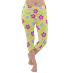 Traditional Patterns Plum Lightweight Velour Capri Yoga Leggings by Mariart