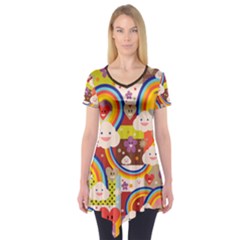Rainbow Vintage Retro Style Kids Rainbow Vintage Retro Style Kid Funny Pattern With 80s Clouds Short Sleeve Tunic  by genx