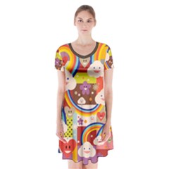 Rainbow Vintage Retro Style Kids Rainbow Vintage Retro Style Kid Funny Pattern With 80s Clouds Short Sleeve V-neck Flare Dress by genx