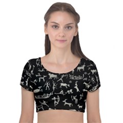 Petroglyph Nordic Beige And Black Background Petroglyph Nordic Beige And Black Background Velvet Short Sleeve Crop Top  by snek